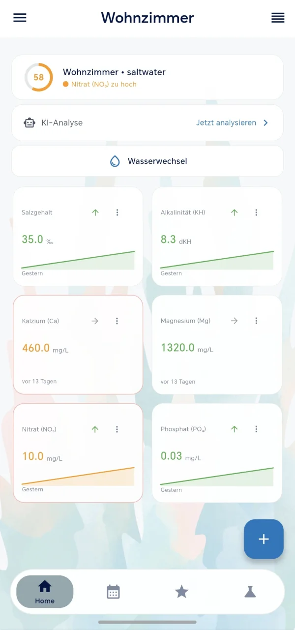 AquaNote App – Startbildschirm mit Wasserwerten