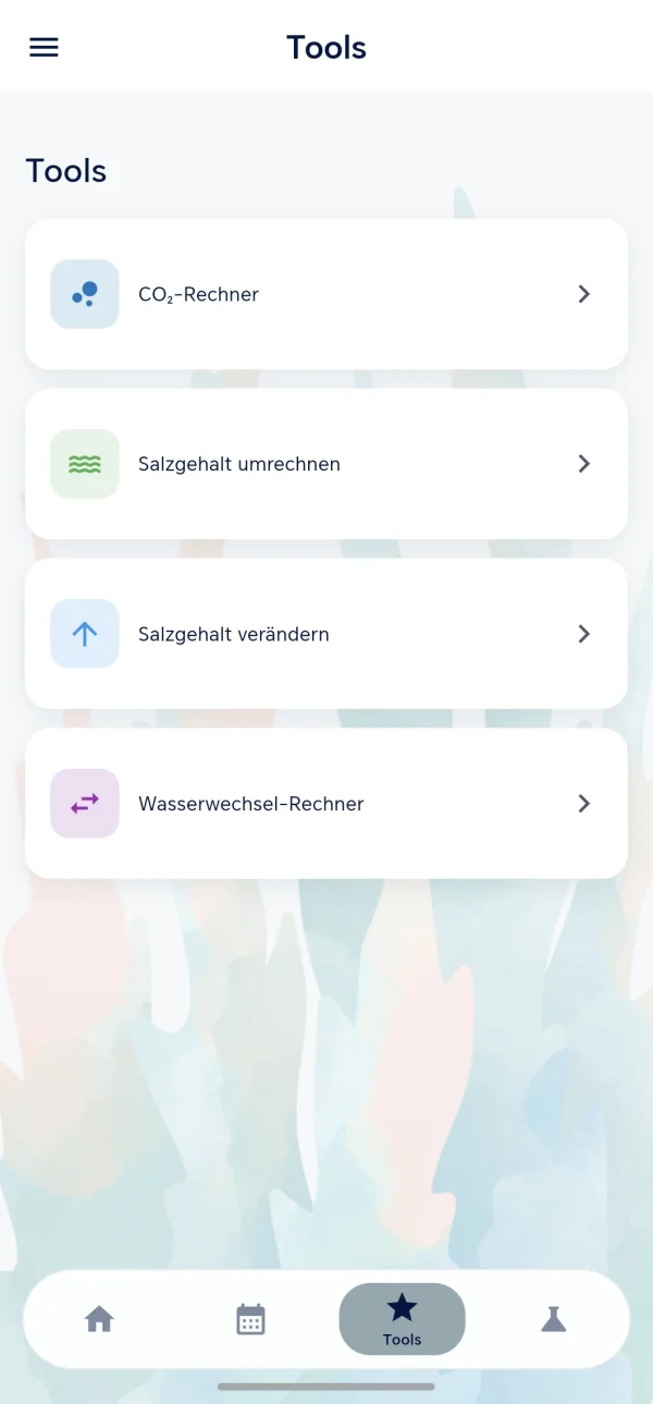 Tools-Übersicht mit CO₂-Rechner, Salzgehalt und Wasserwechsel-Rechner