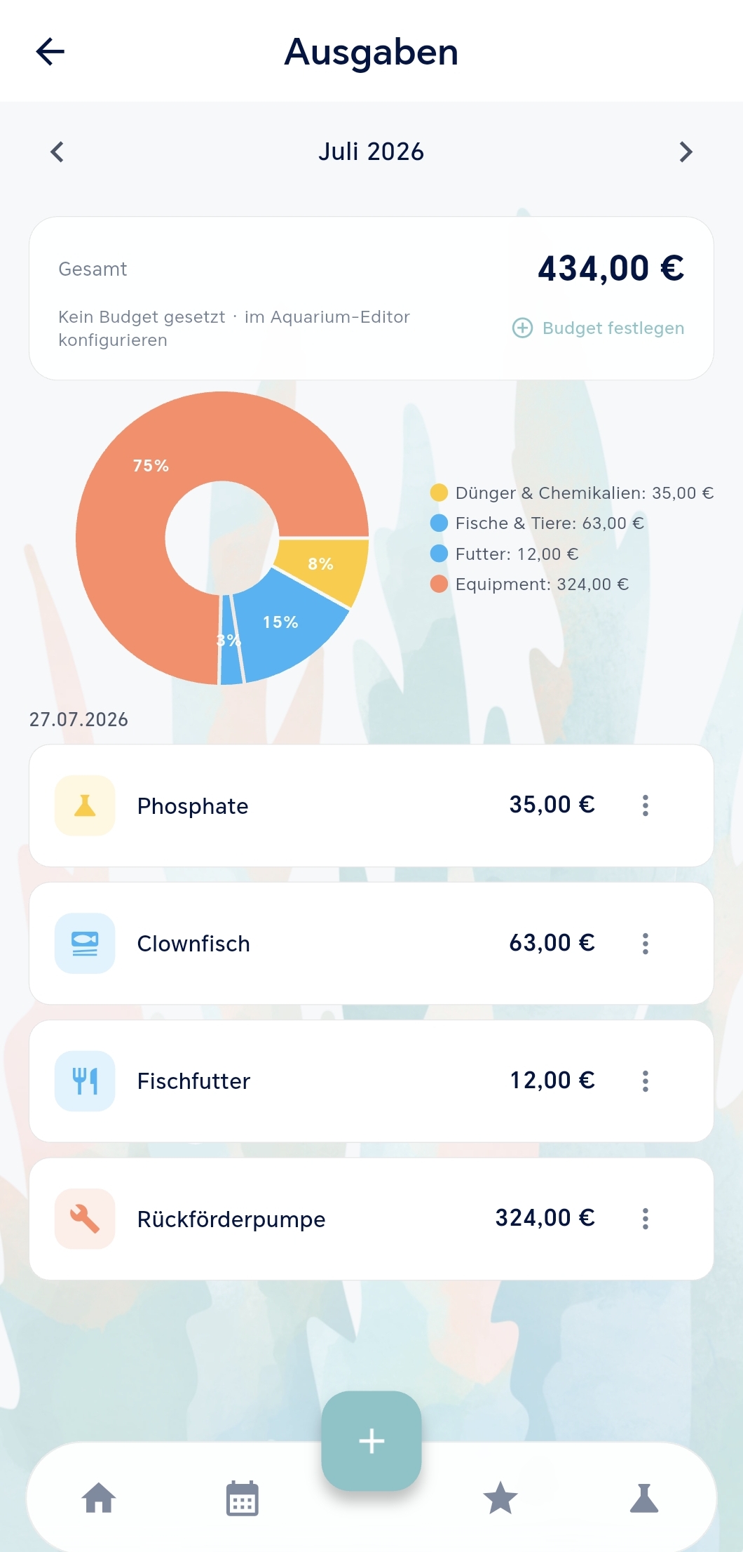 Ausgabenübersicht mit Kostenverteilung und Einträgen
